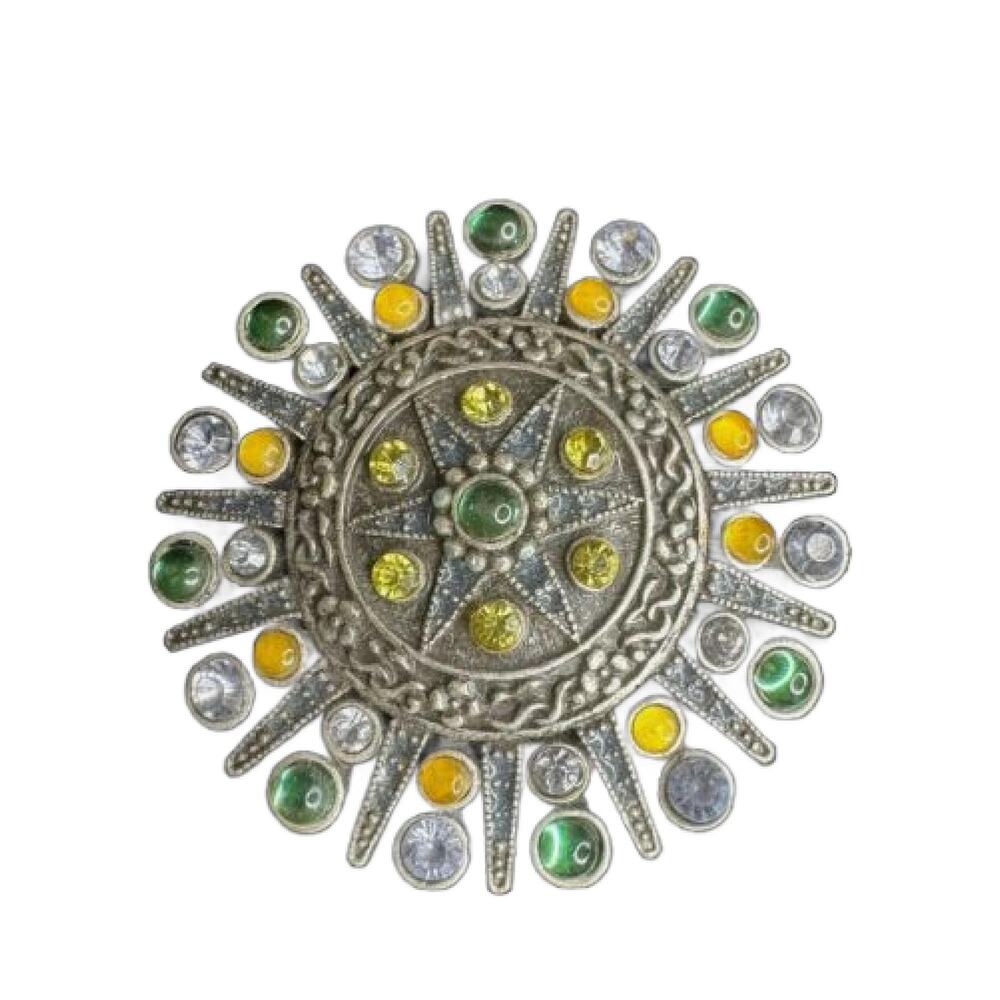 Antique Brooch 1920s Rhinestone Art Deco Ornate Multi Color Pot Metal Large